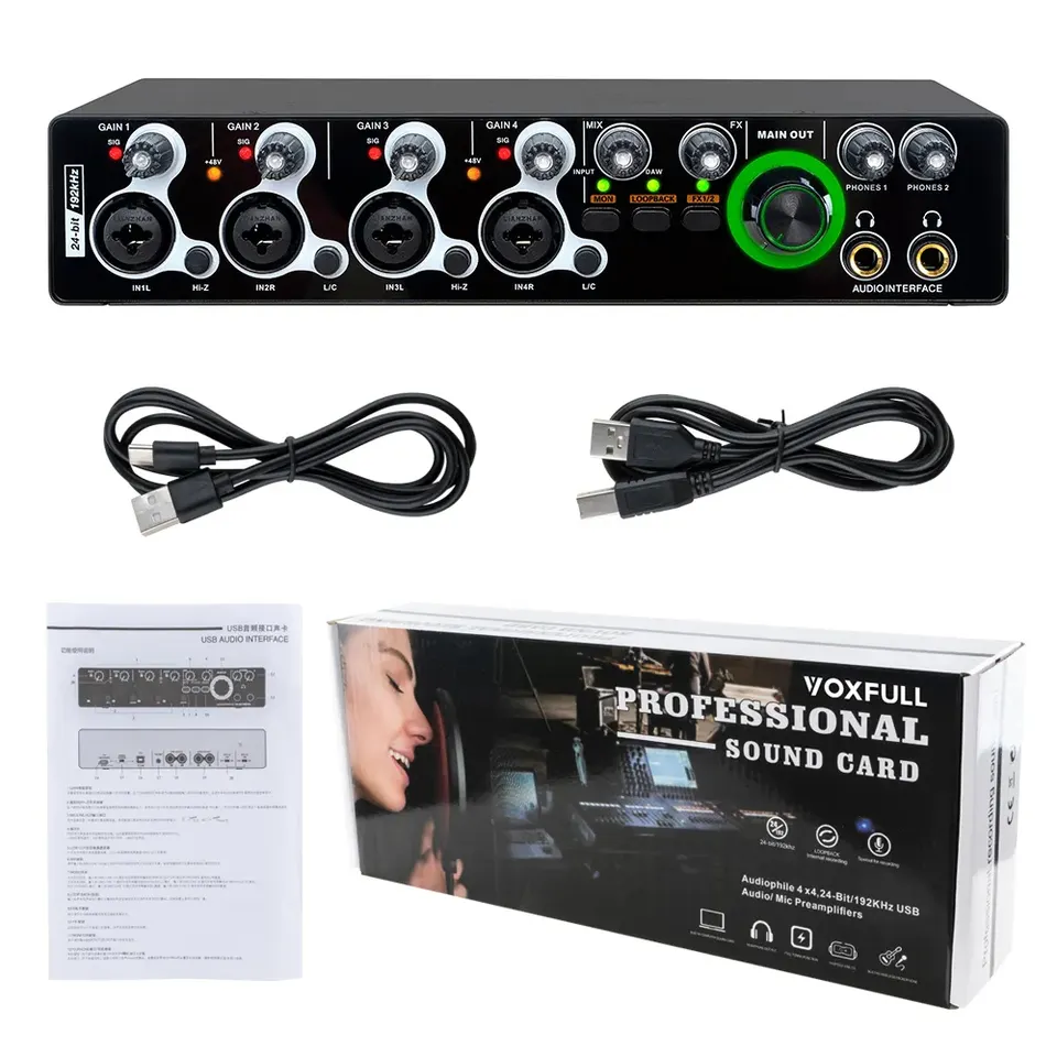 USB audio interface 4 input 4 output with multiple channels and accessories for professional sound setup