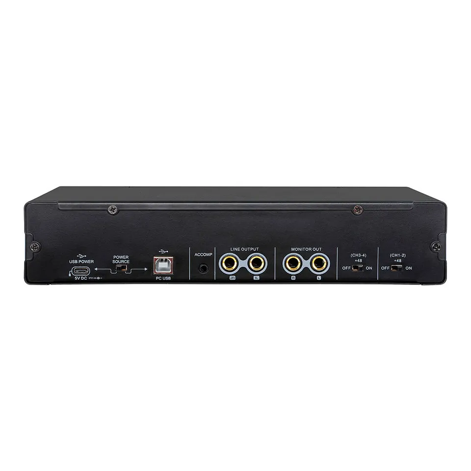 USB audio interface 4 input 4 output with line outputs and power connections on the back
