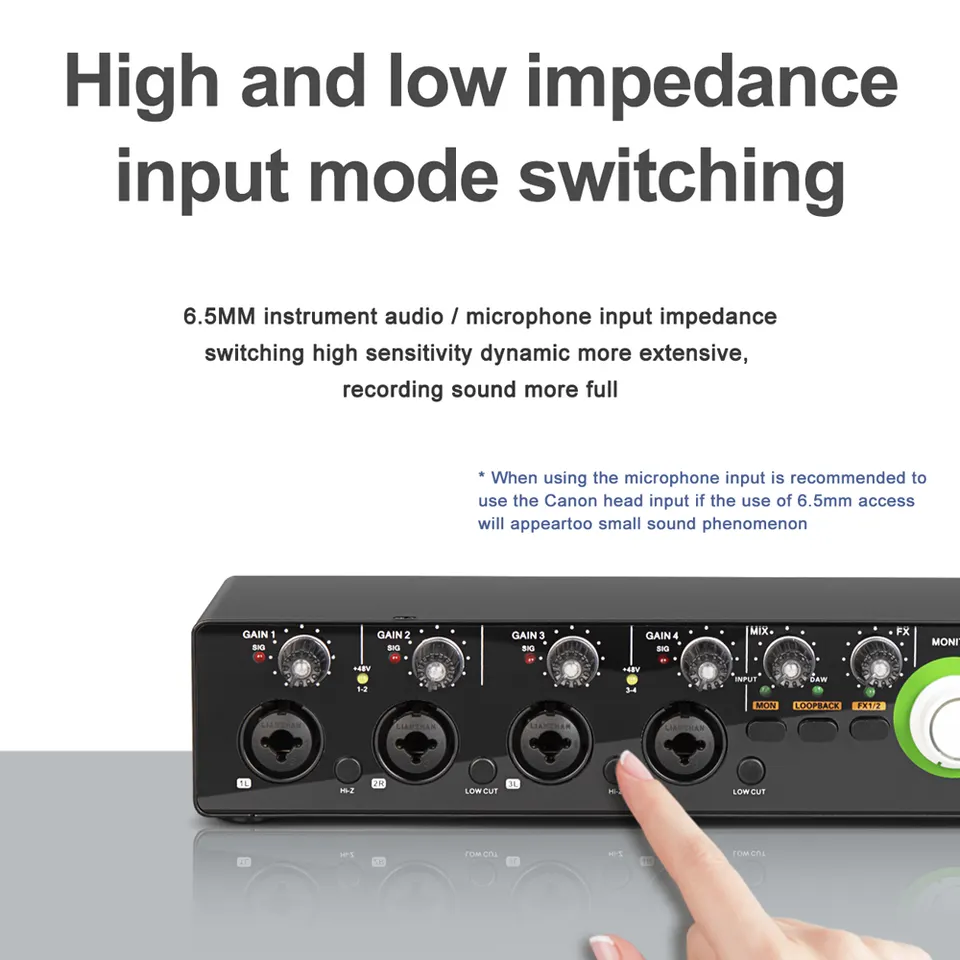 USB audio interface 4 input 4 output with high and low impedance input mode switching