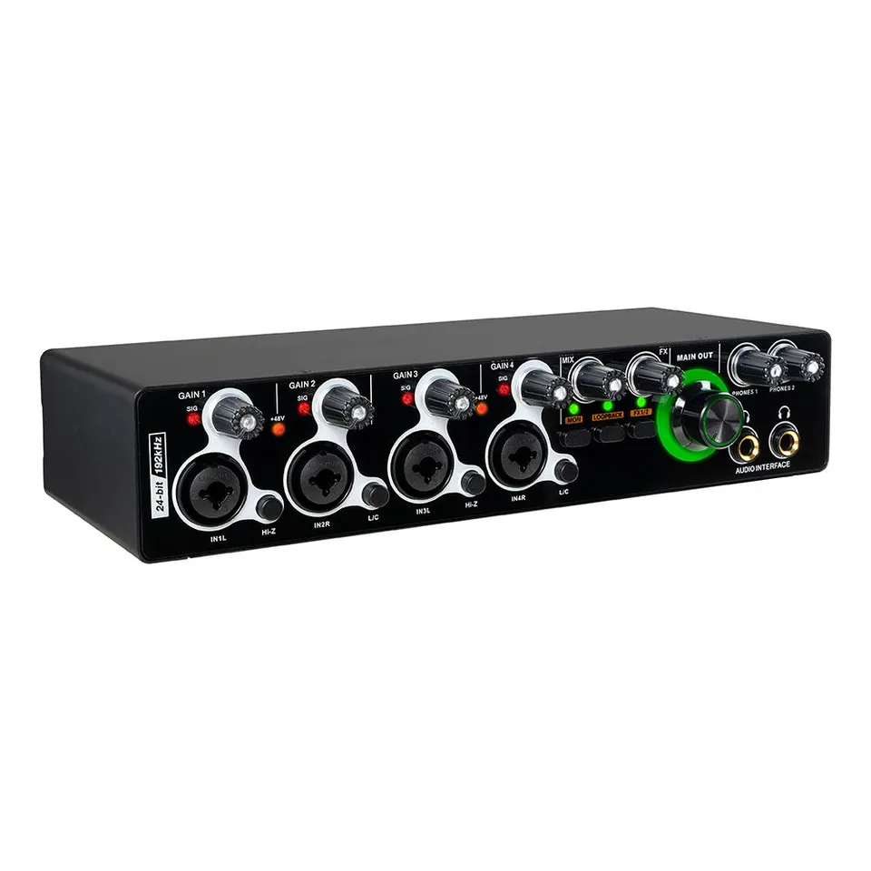 USB audio interface 4 input 4 output with gain controls for music production and sound engineering