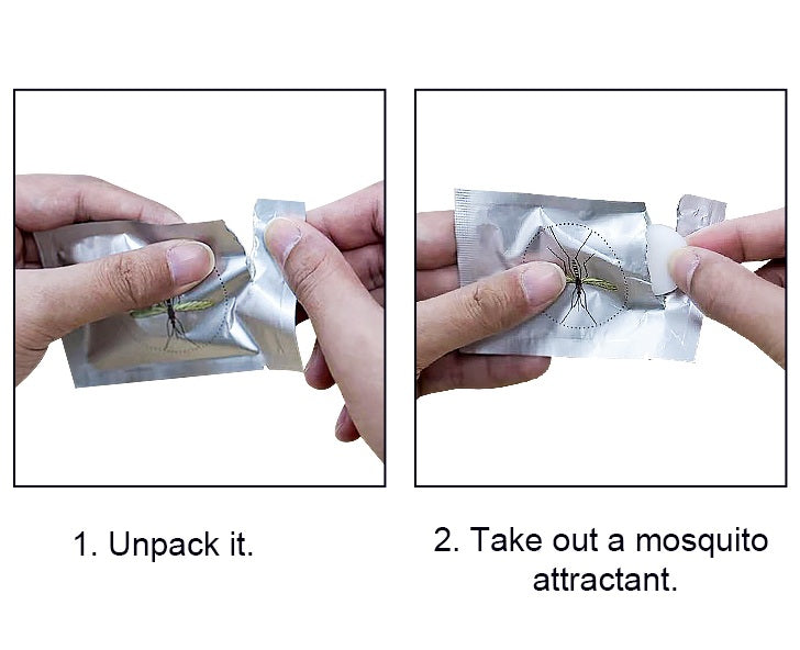 Instructions for using VMIDirect USB rechargeable mosquito swatter: unpack and insert mosquito attractant