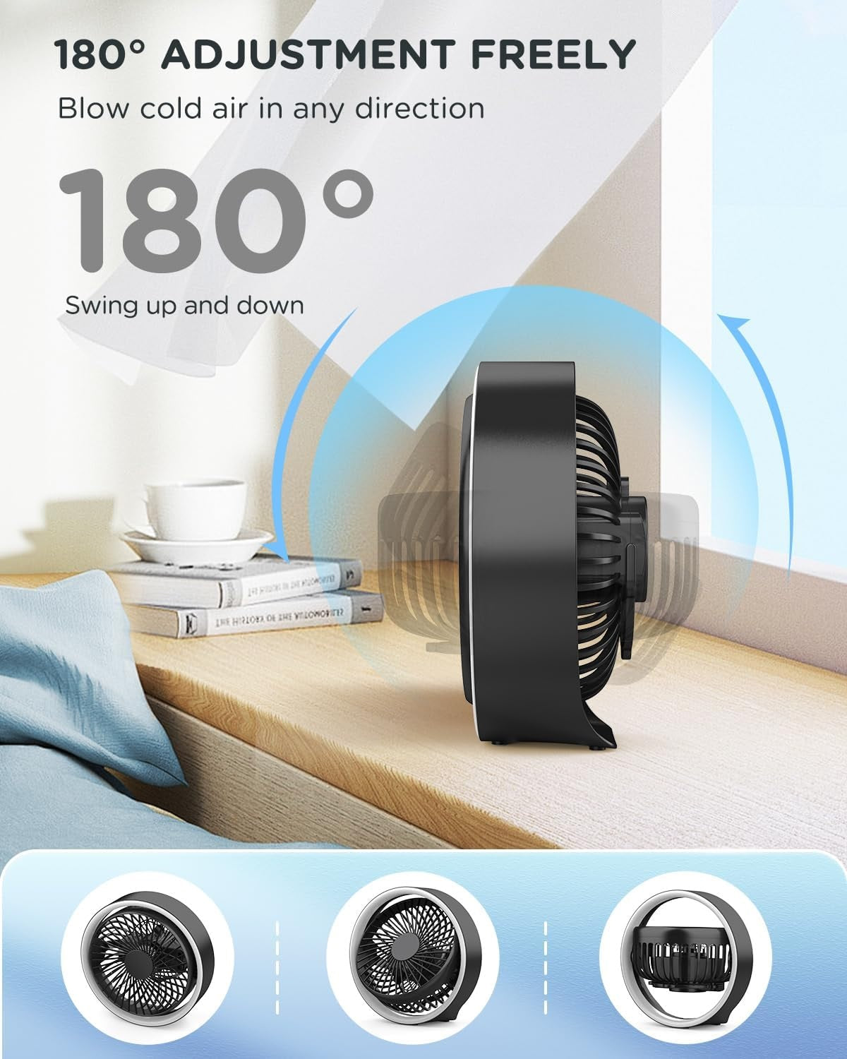 VMIDirect desk fan with 180-degree adjustable range for optimal airflow in any direction