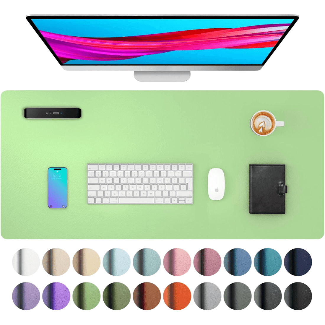 VMIDirect Leather Desk Pad in Green with Keyboard, Mouse, Phone, and Coffee Mug