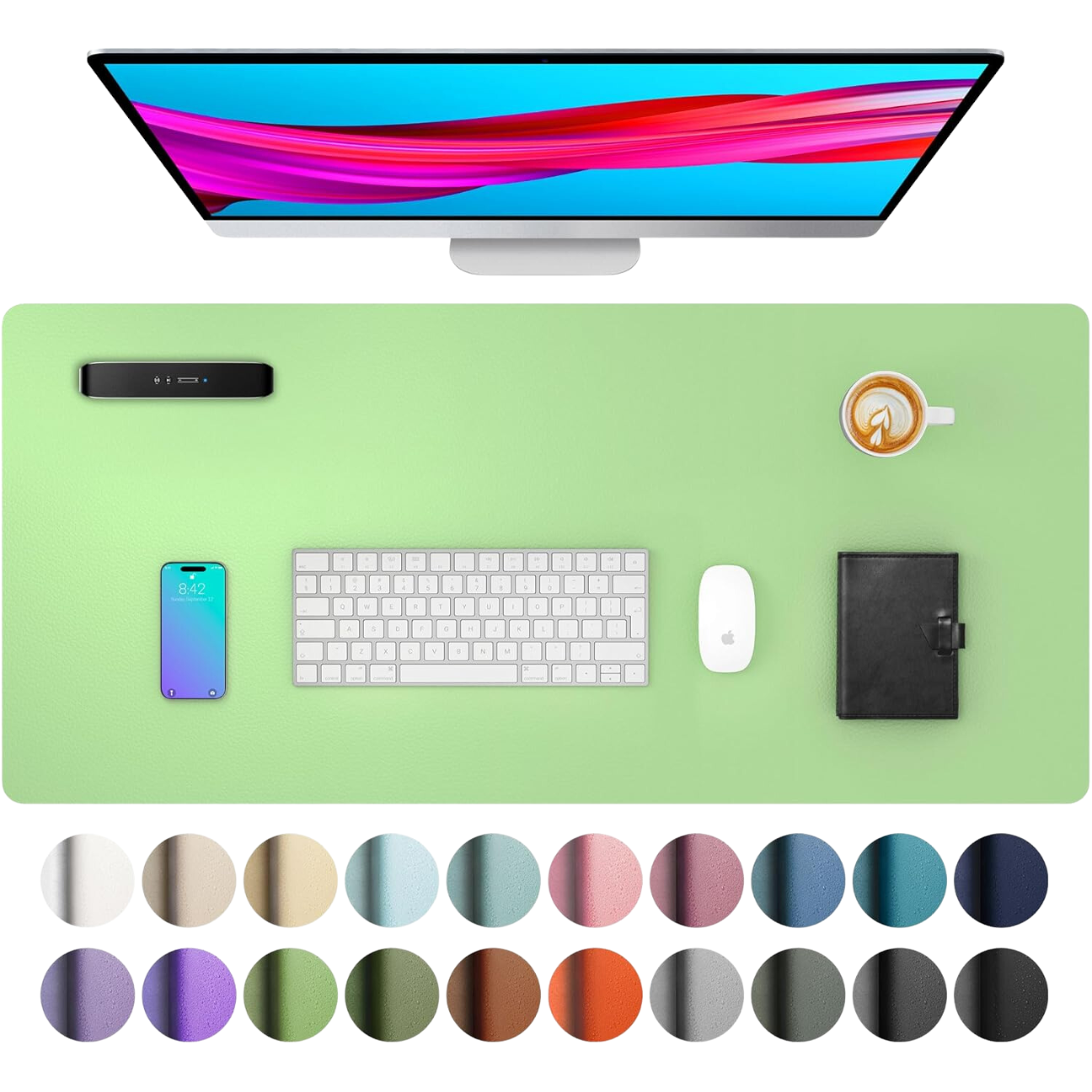 VMIDirect Leather Desk Pad in Green with Keyboard, Mouse, Phone, and Coffee Mug
