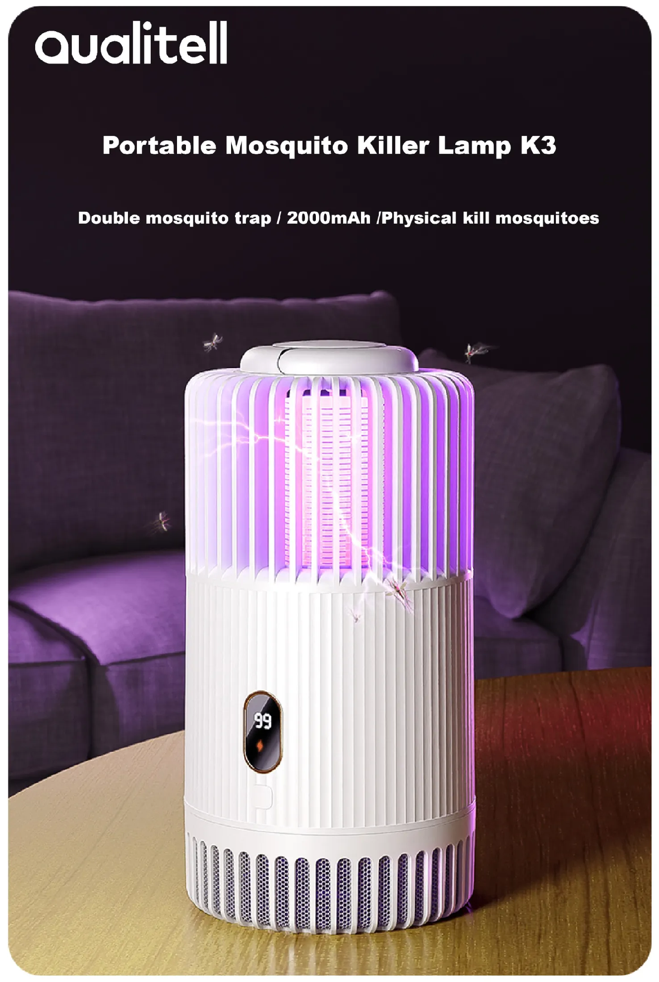 UV mosquito repellent lamp digital display with dual mosquito trap and 2000mAh battery for effective pest control