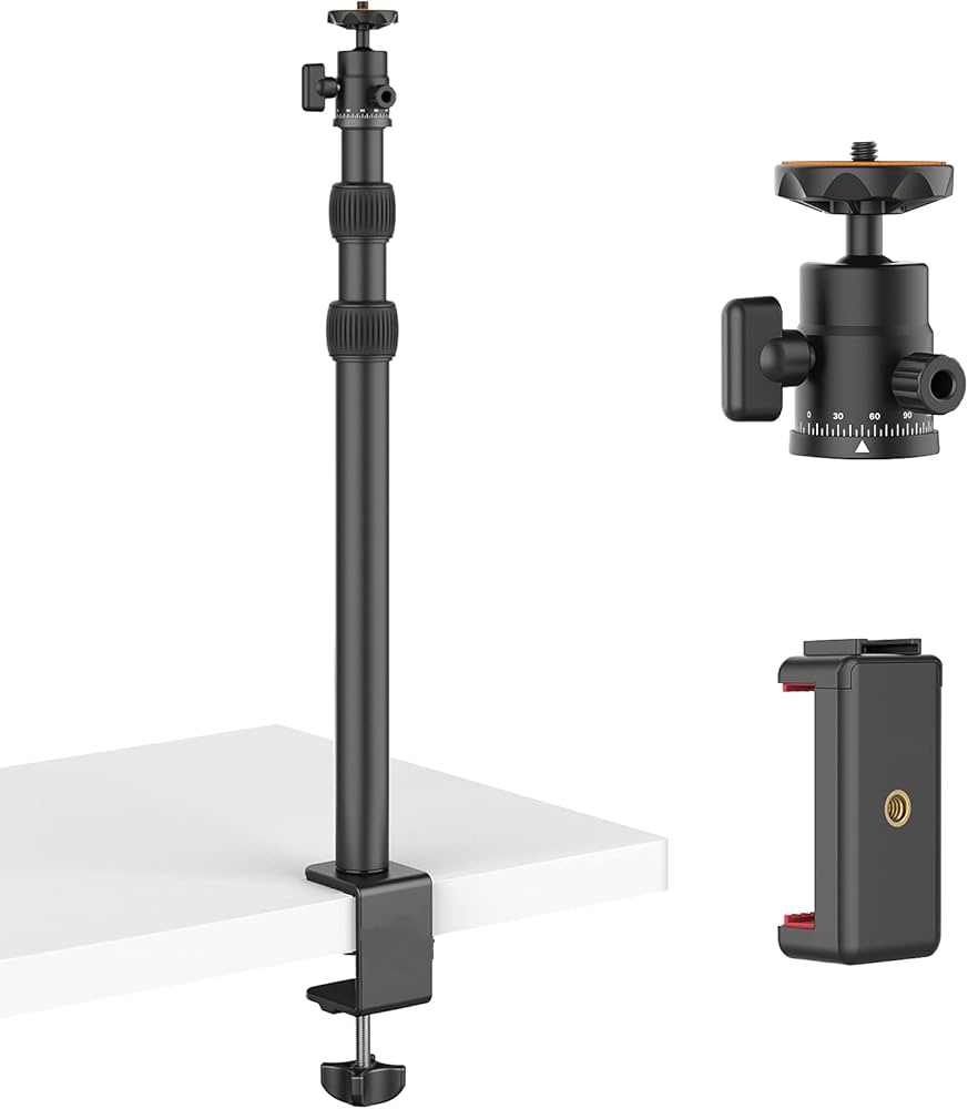 Extendable Desktop Camera Stand with adjustable height and secure clamp for stable photography