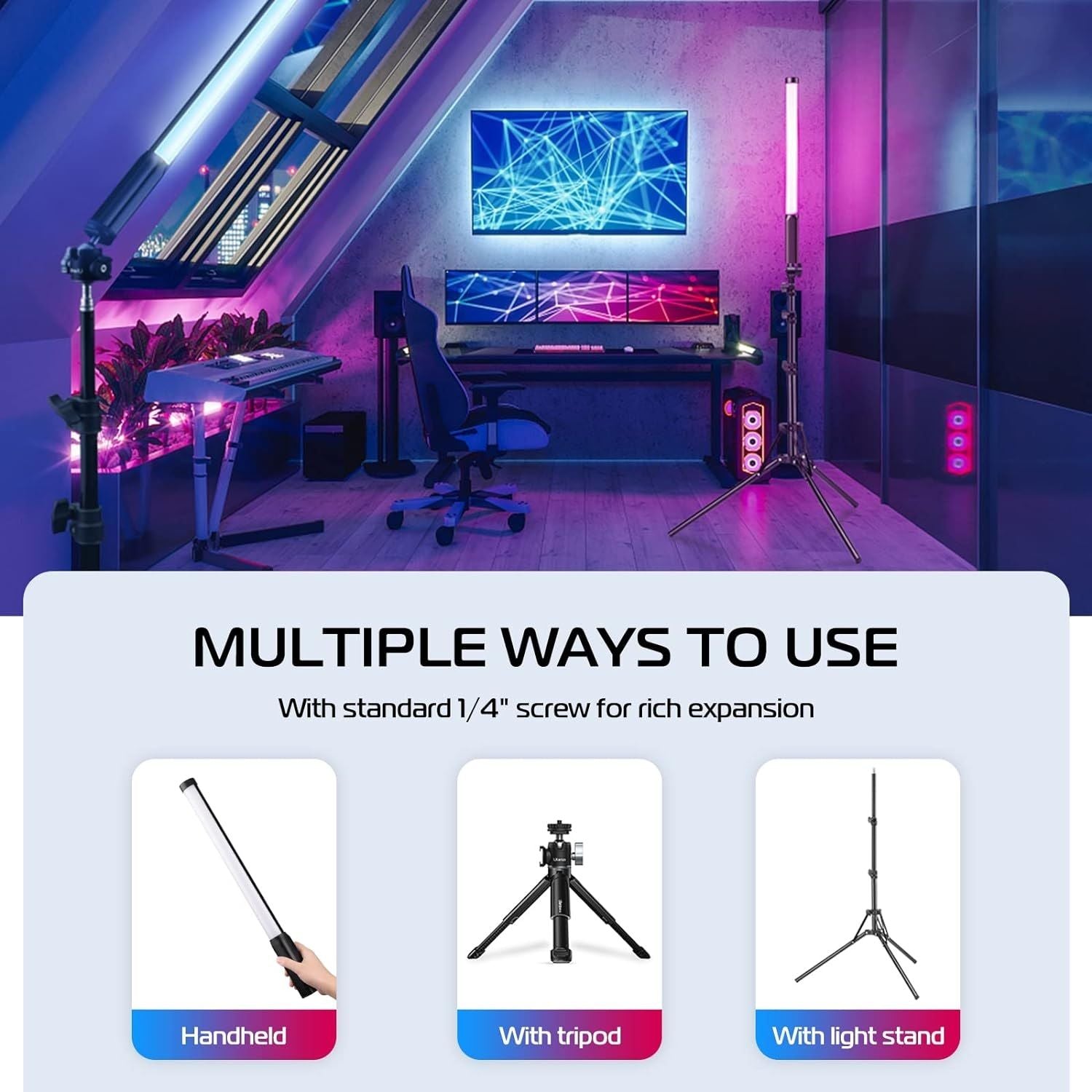 VL119 RGB Handheld LED Light Wand showcasing multiple usage options including handheld and with a tripod