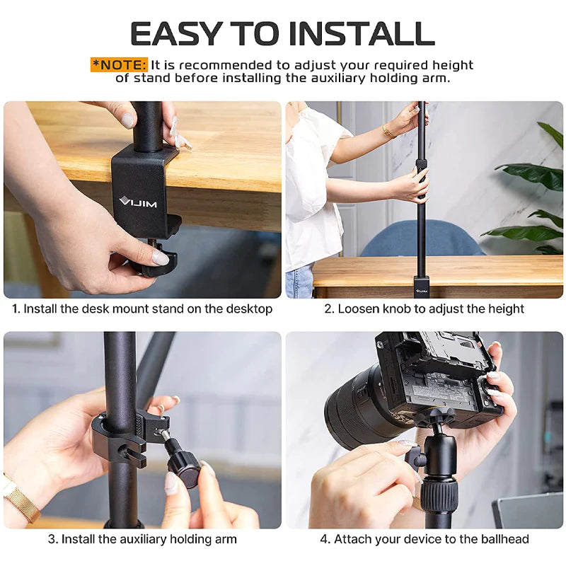 VMIDirect Desk Mount Stand installation steps for cameras with adjustable height and auxiliary holding arm