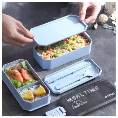 2-Layer Portable Plastic Bento Lunch Box in blue with compartments for meals and utensils