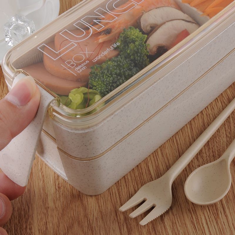 2-Layer Portable Plastic Bento Lunch Box with compartments and utensils for convenient meal prep