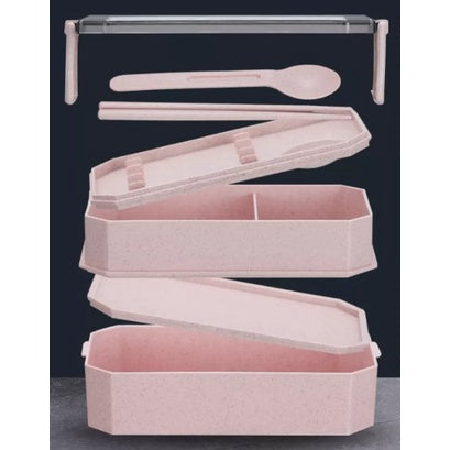 2-Layer Portable Plastic Bento Lunch Box in Pink with Removable Dividers and Utensils