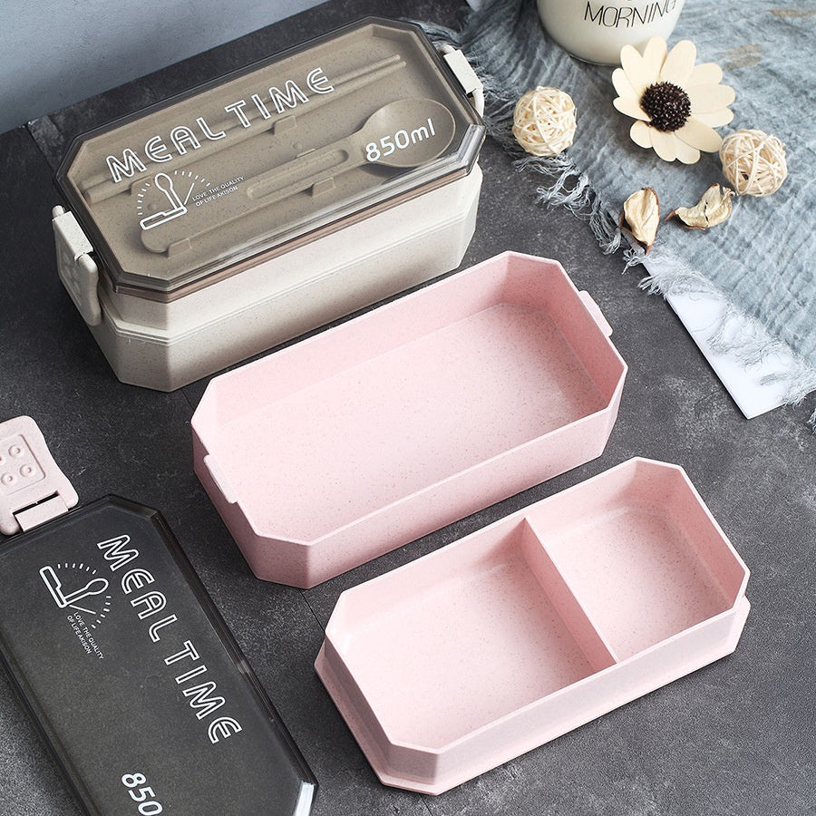 2-Layer Portable Plastic Bento Lunch Box in Pink and Black for Convenient Meal Storage