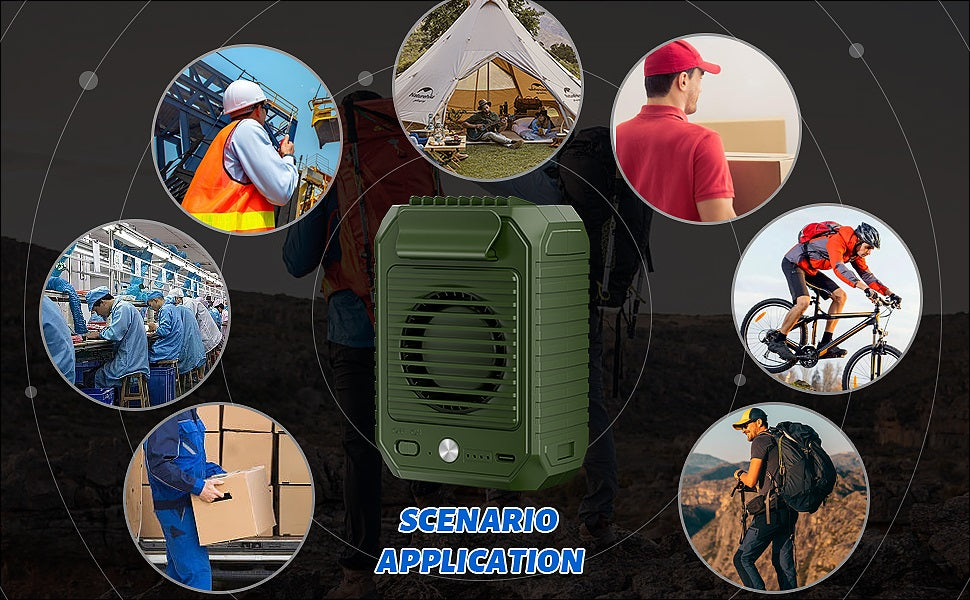 VMIDirect Portable Neck Fan in Green, ideal for outdoor activities and comfortable cooling, waist clip fan included
