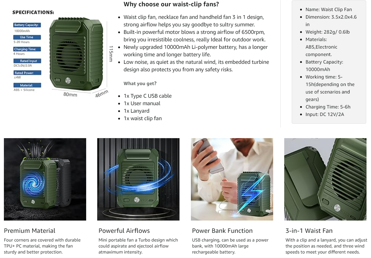 VMIDirect Waist Clip Fan with Turbo Speed and Long Battery Life for Personal Cooling