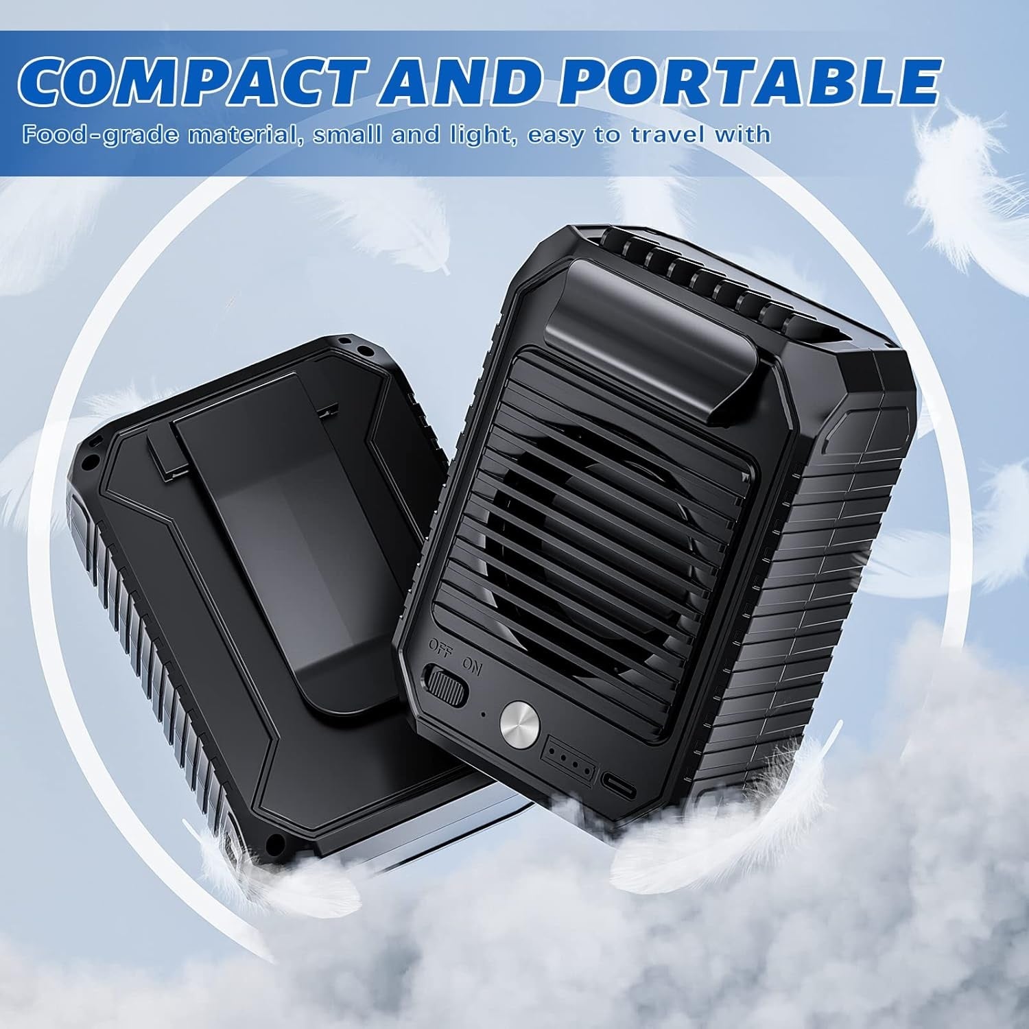 VMIDirect Portable Neck Fan in black, compact design for easy travel, featuring waist clip fan functionality
