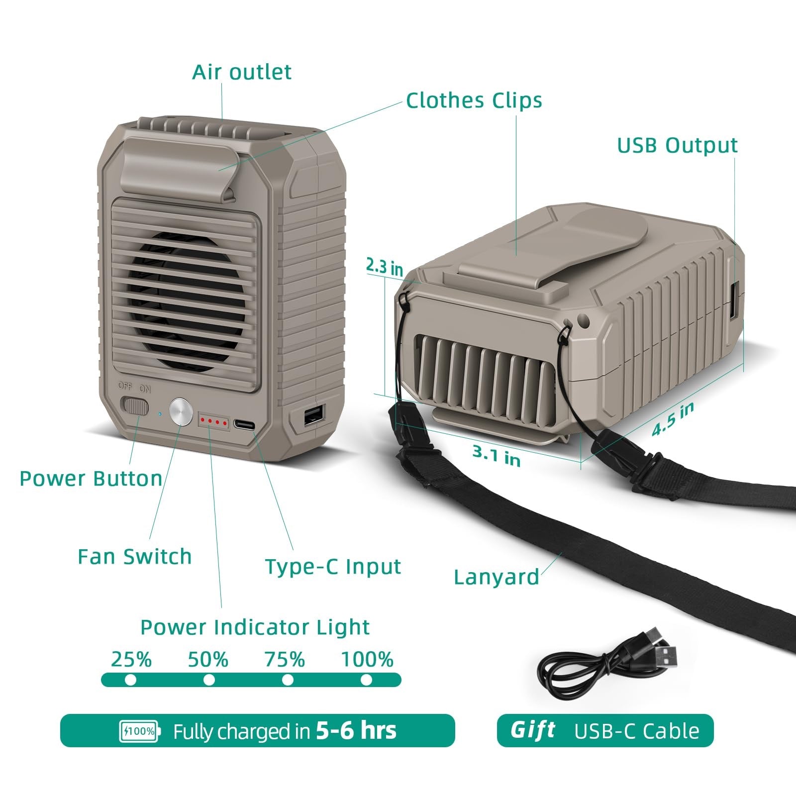 VMIDirect Portable Neck Fan with Clothes Clips and USB Output for hands-free cooling, features a waist clip fan