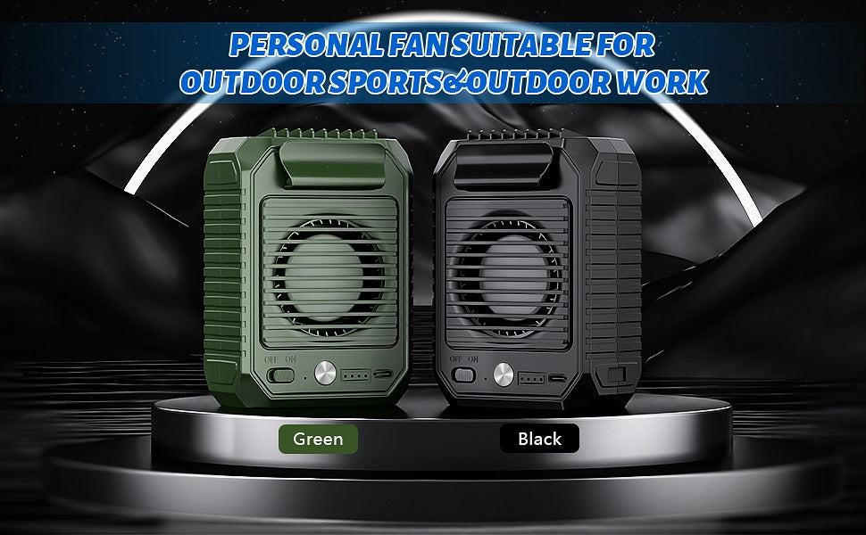 VMIDirect Portable Neck Fan in Green and Black, perfect for outdoor sports and work with waist clip fan functionality