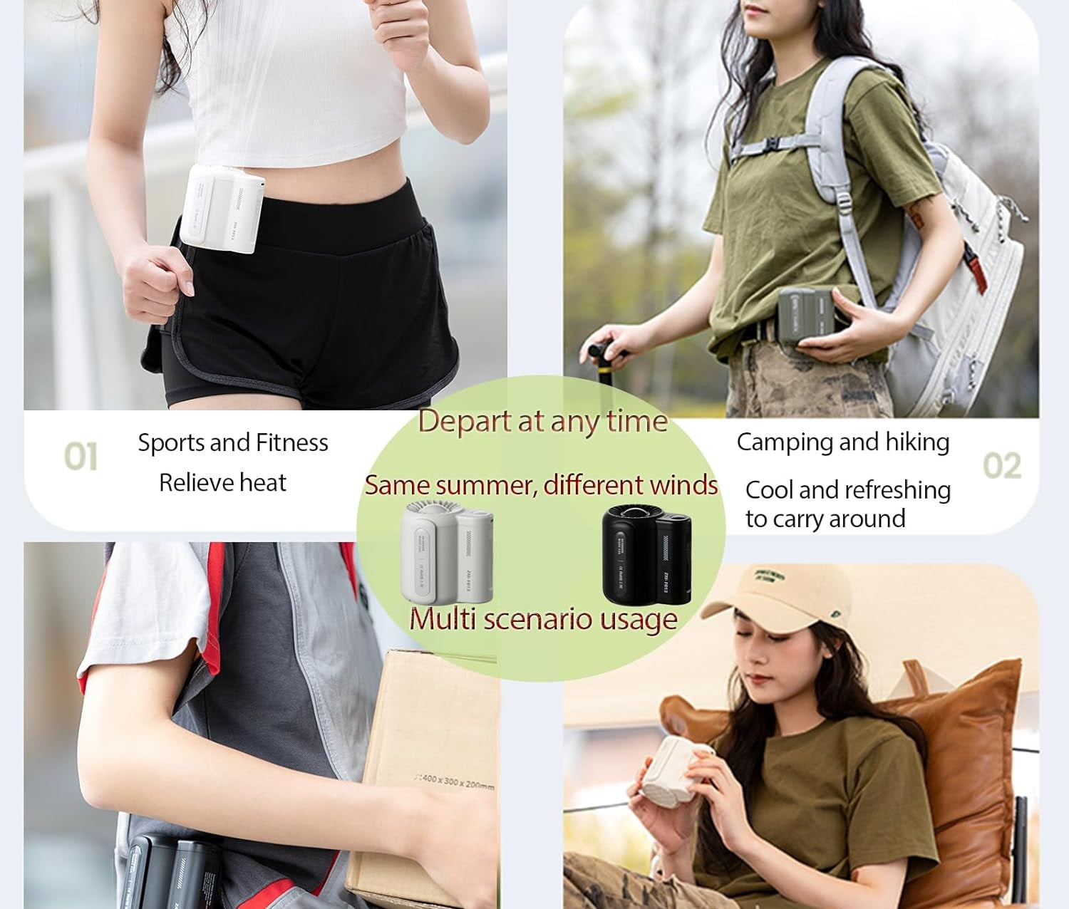 VMIDirect waist clip fan in various outdoor settings for hands-free cooling and comfort