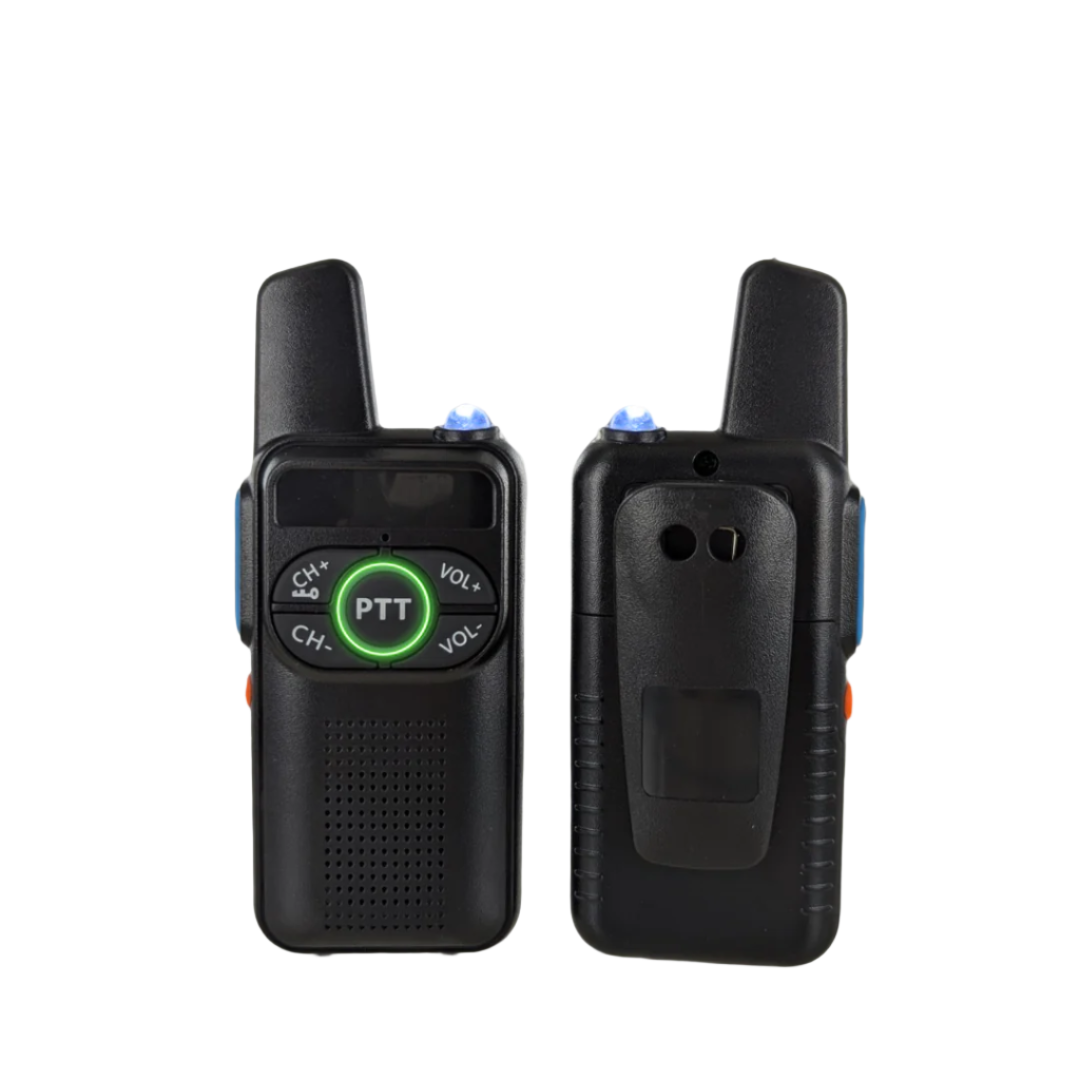 Black intercom walkie talkie with flashlight for security featuring push to talk button