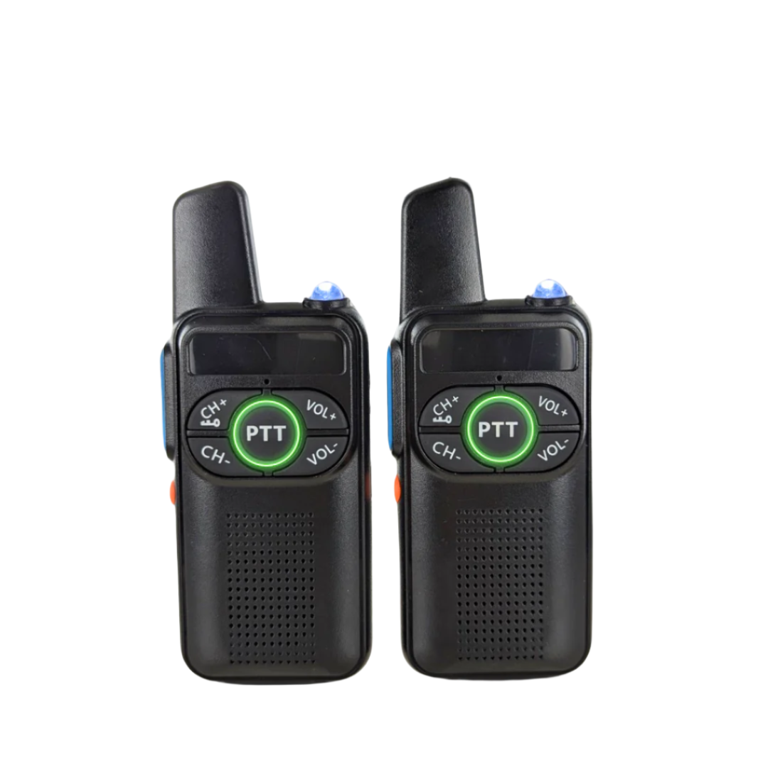 Black intercom walkie talkie with flashlight for security featuring push to talk button