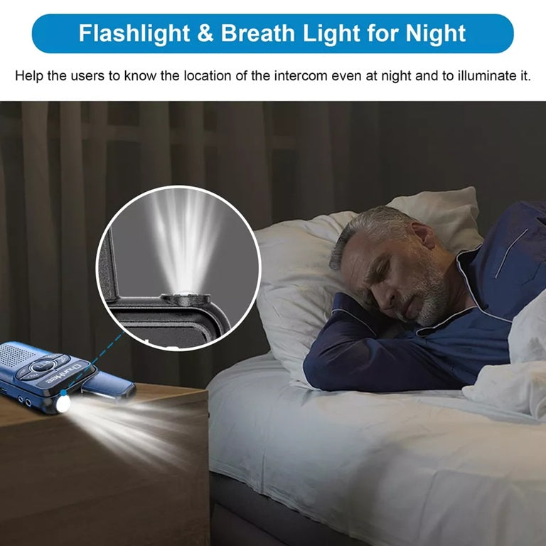 Intercom showing Walkie Talkie with Flashlight for Security illuminating a bedside table at night