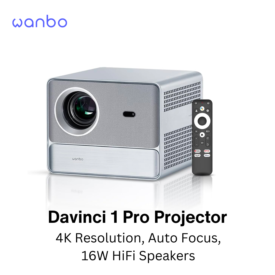 4K smart home projector with remote control in silver and black design