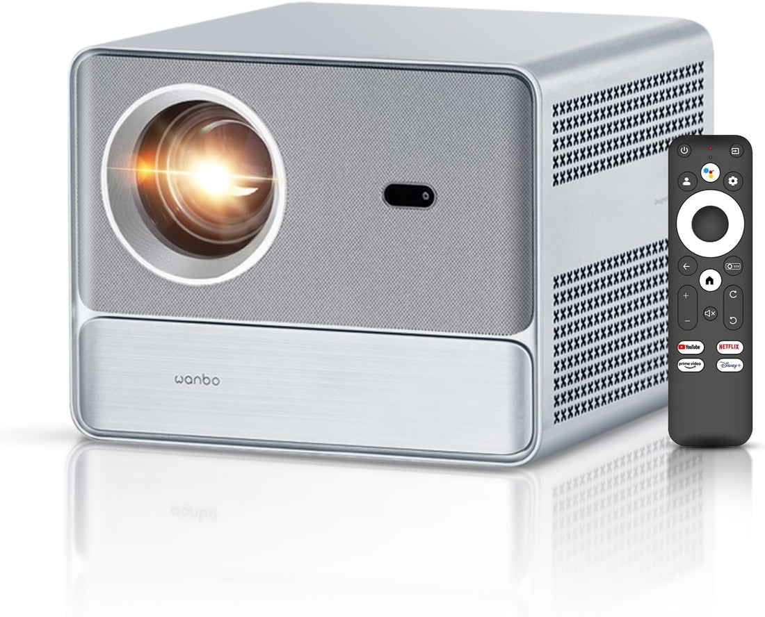 4K smart home projector with remote control in silver and black design