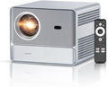 4K smart home projector with remote control in silver and black design