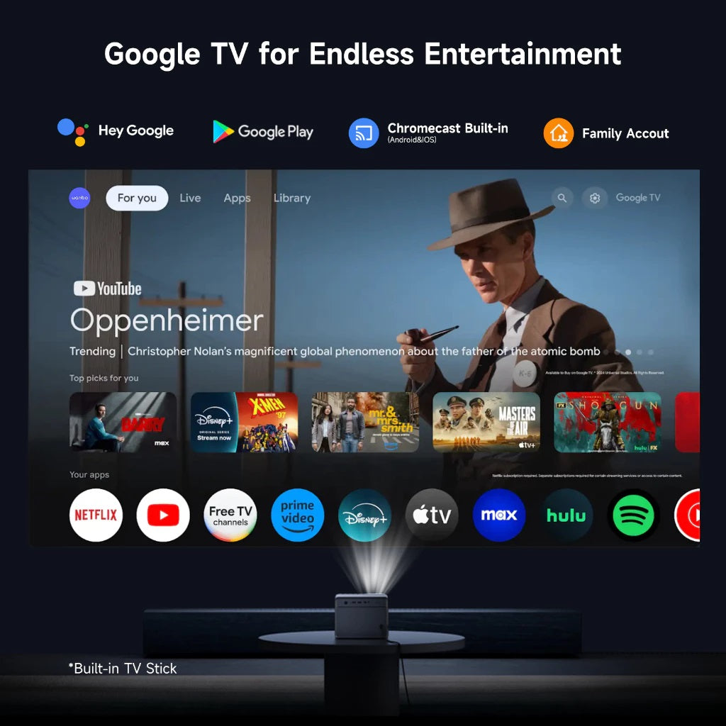4K smart home projector displaying Google TV interface with popular streaming apps