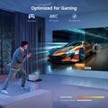 4K smart home projector displaying racing car game with optimized gaming mode and ARC support