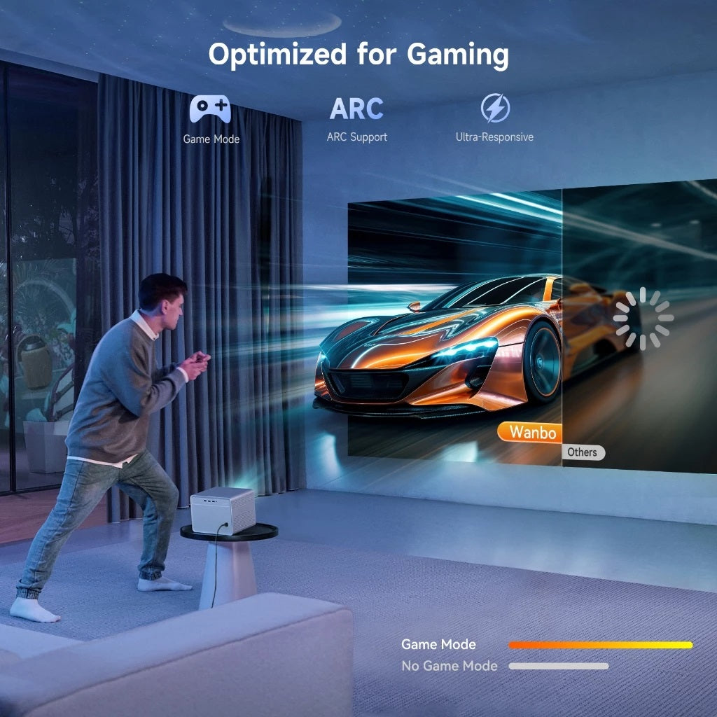 4K smart home projector displaying racing car game with optimized gaming mode and ARC support