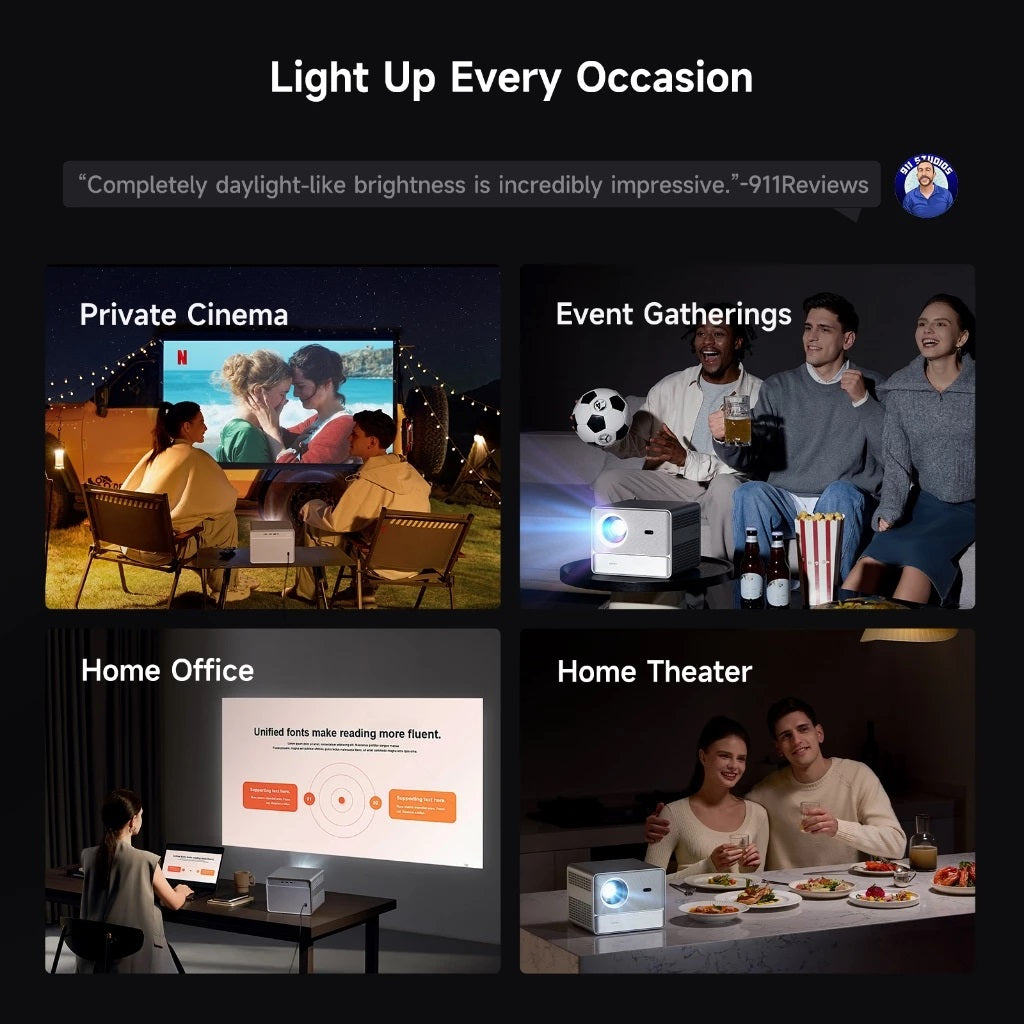 4K smart home projector used for private cinema, event gatherings, home office, and home theater settings