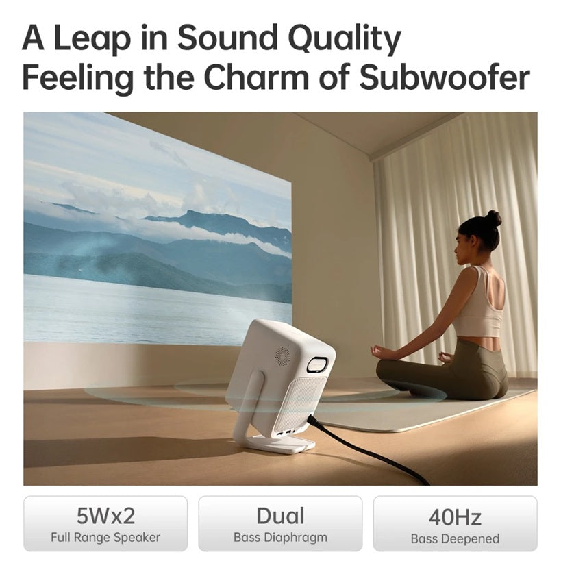 Adjustable angle theater projector for home projecting mountains with dual bass subwoofer