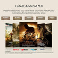 Auto focus home cinema projector displaying a variety of movies and shows on a large screen with Android 9.0 interface