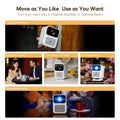 Wanbo Dali 1 portable projector shown in various settings including gaming, camping, cooking, and romantic dinner
