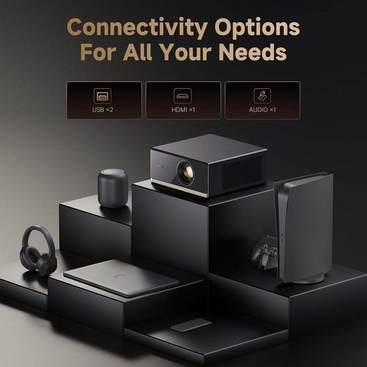 Home Theater Projector Philippines showcasing USB, HDMI, and audio connectivity options