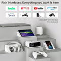 Wanbo Mini Pro smart projector surrounded by tech devices showing streaming app compatibility
