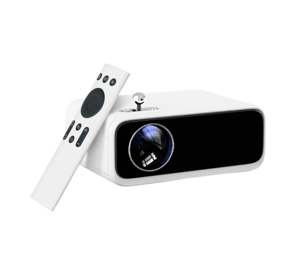 Wanbo Mini Pro smart projector in white with remote control and compact design