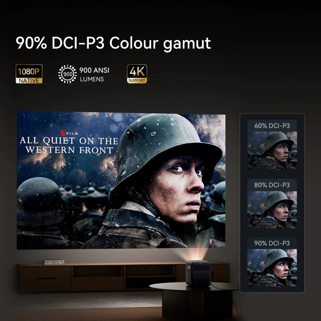 Wanbo Mozart 1 Pro Android projector displaying 4K 1080P native movie with 90 percent DCI-P3 color gamut