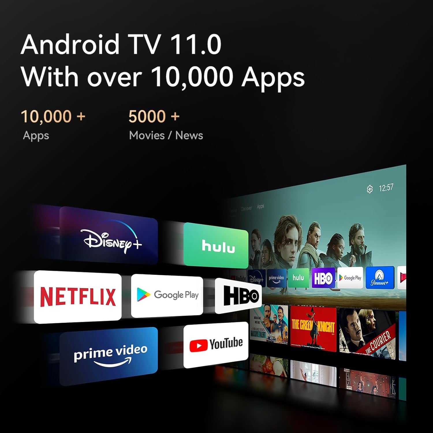 Wanbo Mozart 1 Pro Android projector displaying Android TV 11.0 with over 10,000 apps including Netflix Hulu and Disney Plus