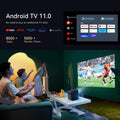 Wanbo Mozart 1 Pro Android projector displaying soccer game with Android TV 11.0 and popular streaming apps