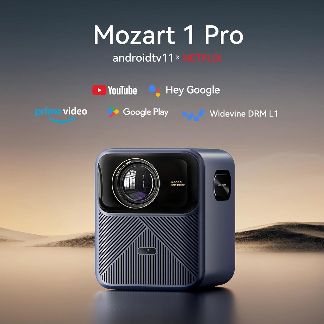 Wanbo Mozart 1 Pro Android projector with remote control and high-resolution lens
