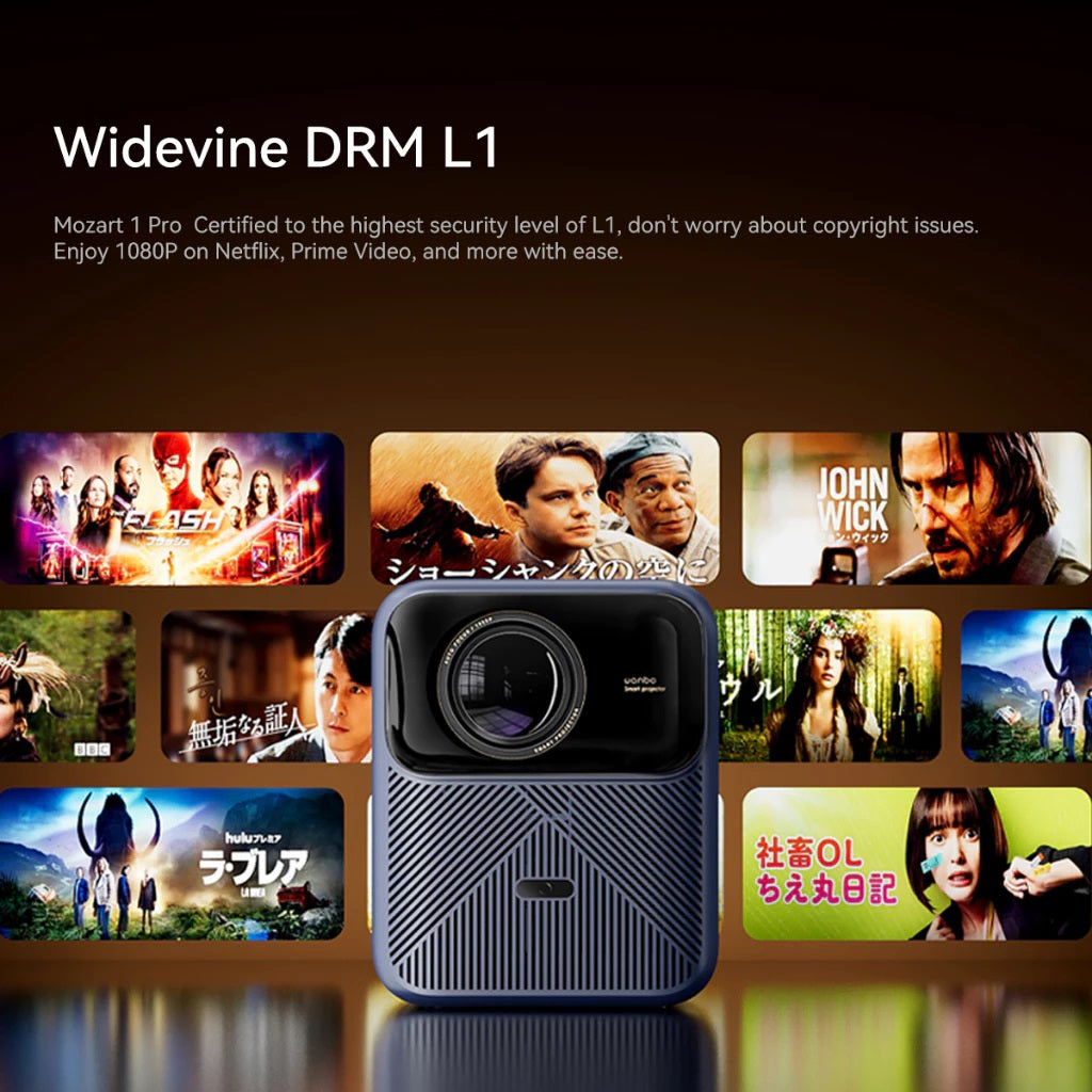 Wanbo Mozart 1 Pro Android projector by VMIDirect with HD display showing streaming app content in background