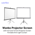 Portable projector screen in 100 inch and 72 inch sizes with tripod stands for anti-light projection