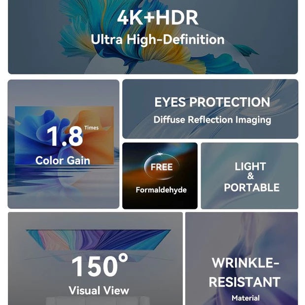 Portable projector screen with 4K HDR, eyes protection, wrinkle-resistant material, and 150-degree visual view