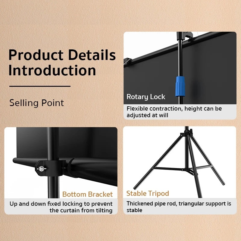 Portable projector screen accessories showing rotary lock, bottom bracket, and stable tripod features