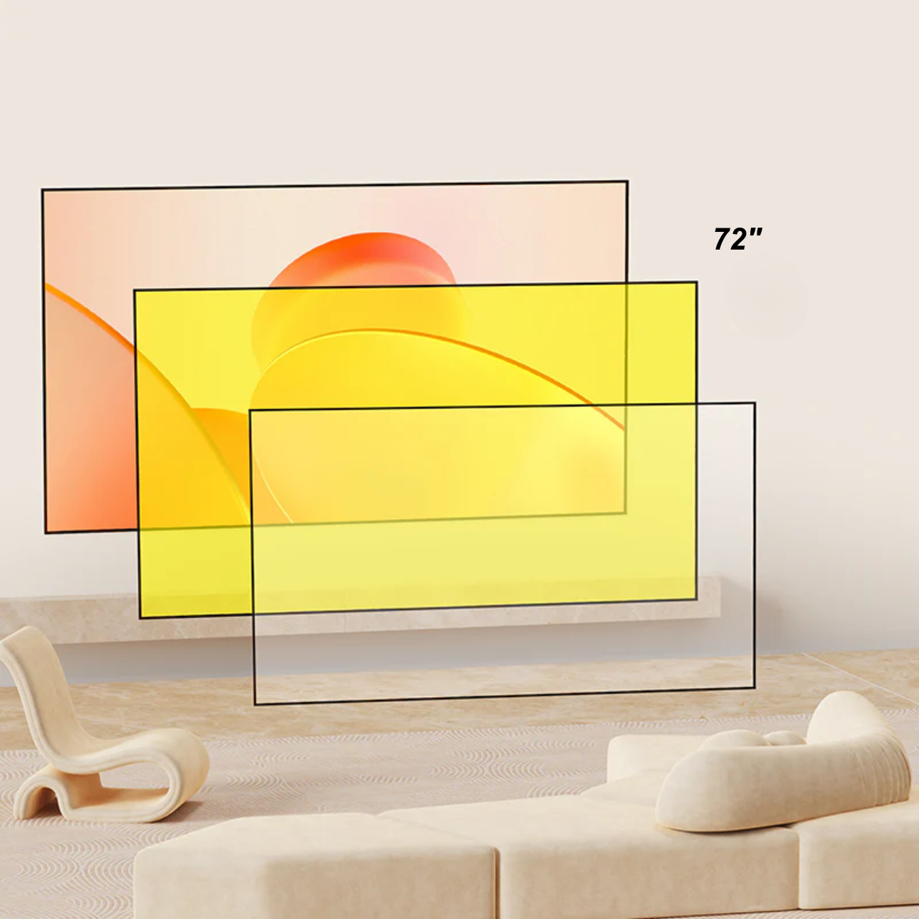 Portable projector screen in three sizes displayed in a modern living room setting