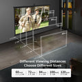 Portable projector screen showing different sizes and viewing distances in a room setup