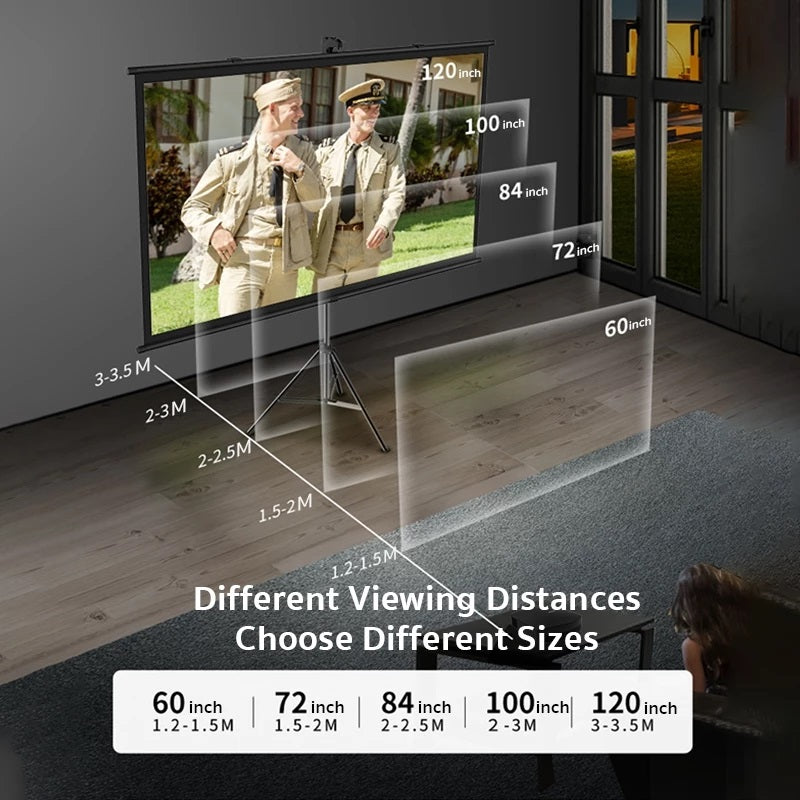 Portable projector screen showing different sizes and viewing distances in a room setup