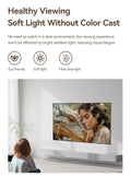 Portable projector screen showing clear image with soft light in a bright living room
